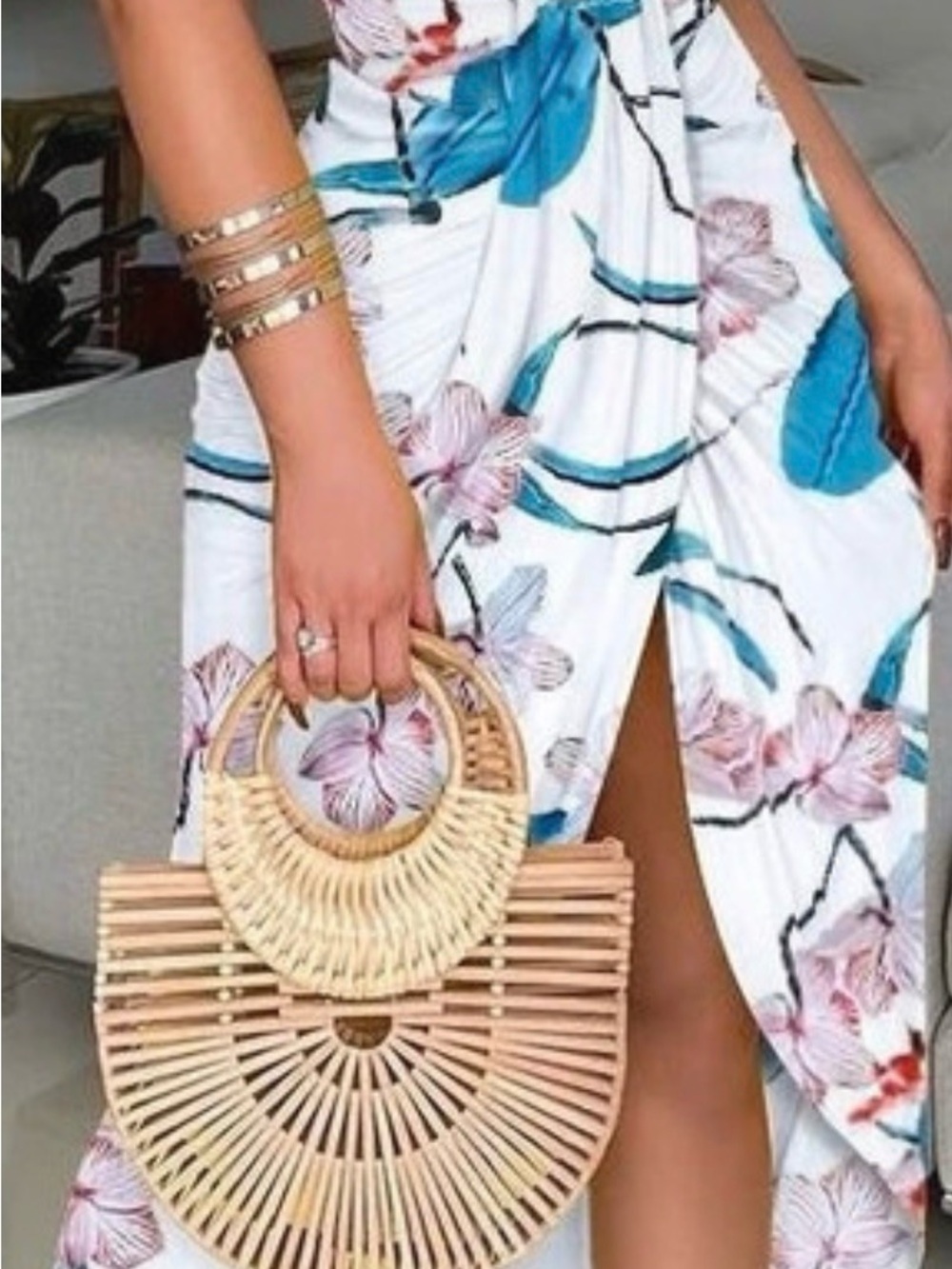 Amazon White Floral High-Low Wrap Skirt with Blue Leaf Accents